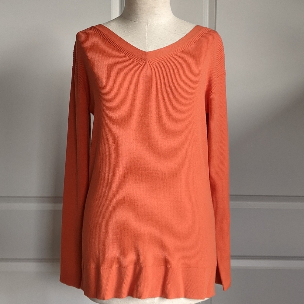 Lafayette 148 Sweater Lightweight Rib Knit V-Neck Pullover Habanero Orange M NWT